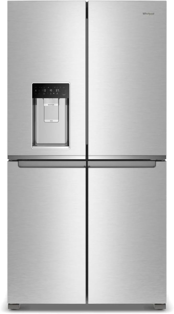 Whirlpool Refrigerador de puerta francesa de 4 puertas de profundidad de 36 pulgadas con capacidad de 19.1 pies cúbicos, estantes ajustables, cubos de puerta de galón, cajón de delicatessen