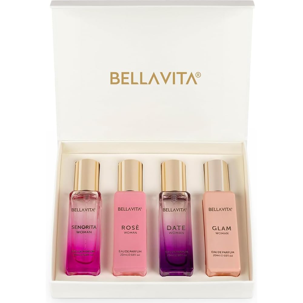 Bellavita - Set de regalo de perfume de lujo para mujer con rosa, Senorita, fecha, glamour | Set de regalo de perfume para mujer de larga duración con Eau de Parfum Rose, Senorita, Date & Glam para cada ocasión.