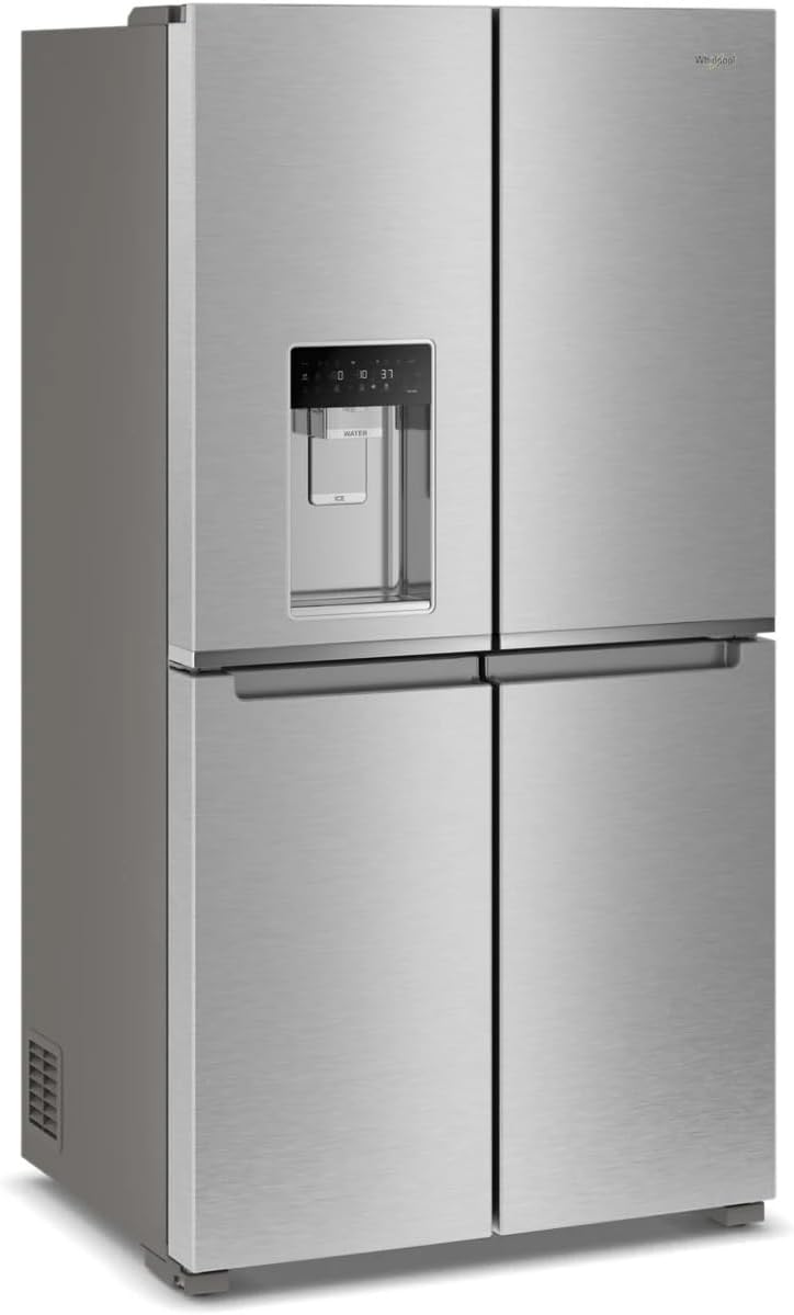Whirlpool Refrigerador de puerta francesa de 4 puertas de profundidad de 36 pulgadas con capacidad de 19.1 pies cúbicos, estantes ajustables, cubos de puerta de galón, cajón de delicatessen