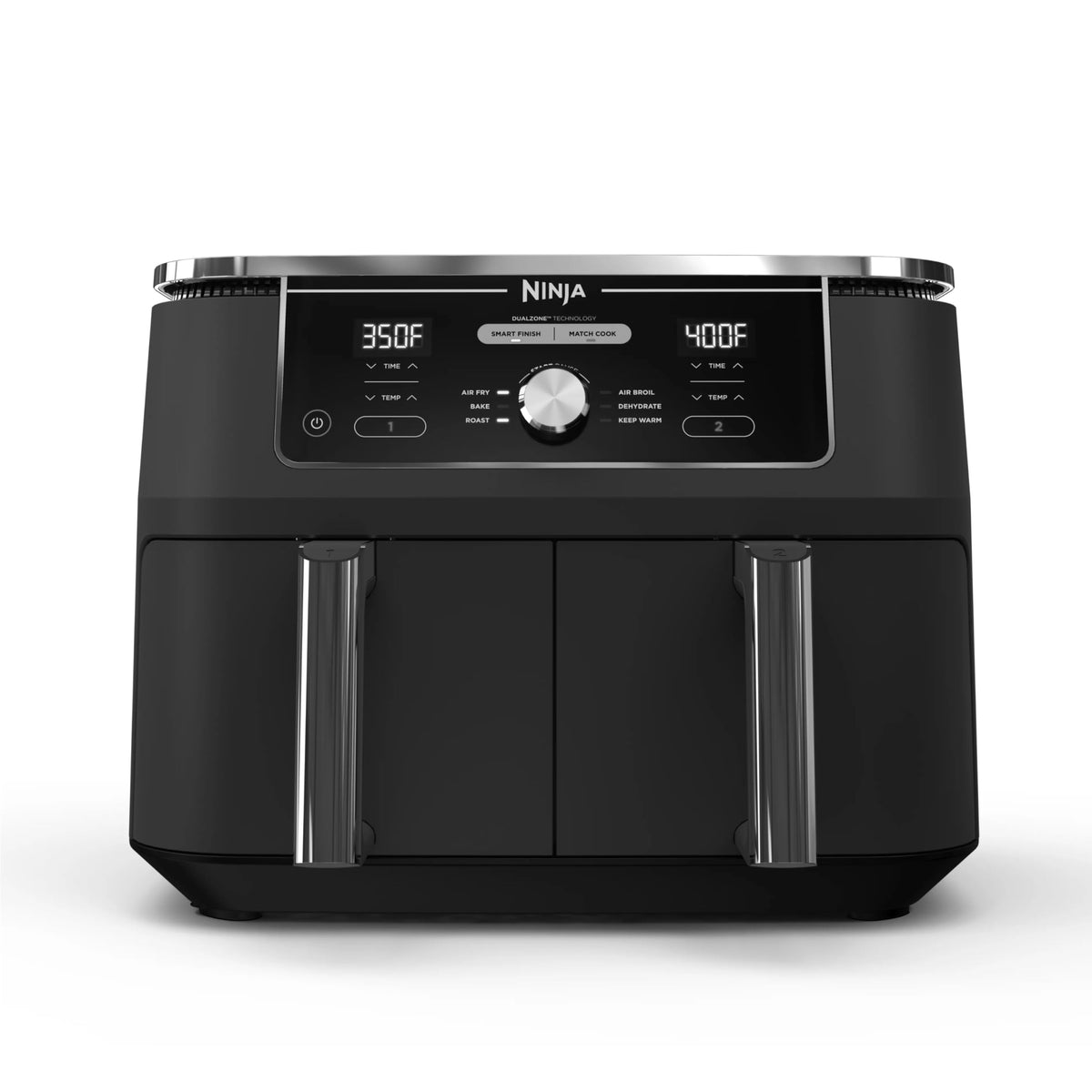 Ninja DZ201 Foodi 8 Quart 6-in-1 DualZone 2-Basket Air Fryer with 2 Independent Frying Baskets, Match Cook & Smart Finish to Roast, Broil, Dehydrate & More for Quick, Easy Meals, Grey | Air fry, roast, broil, bake, reheat, dehydrate, 2 independent baskets
