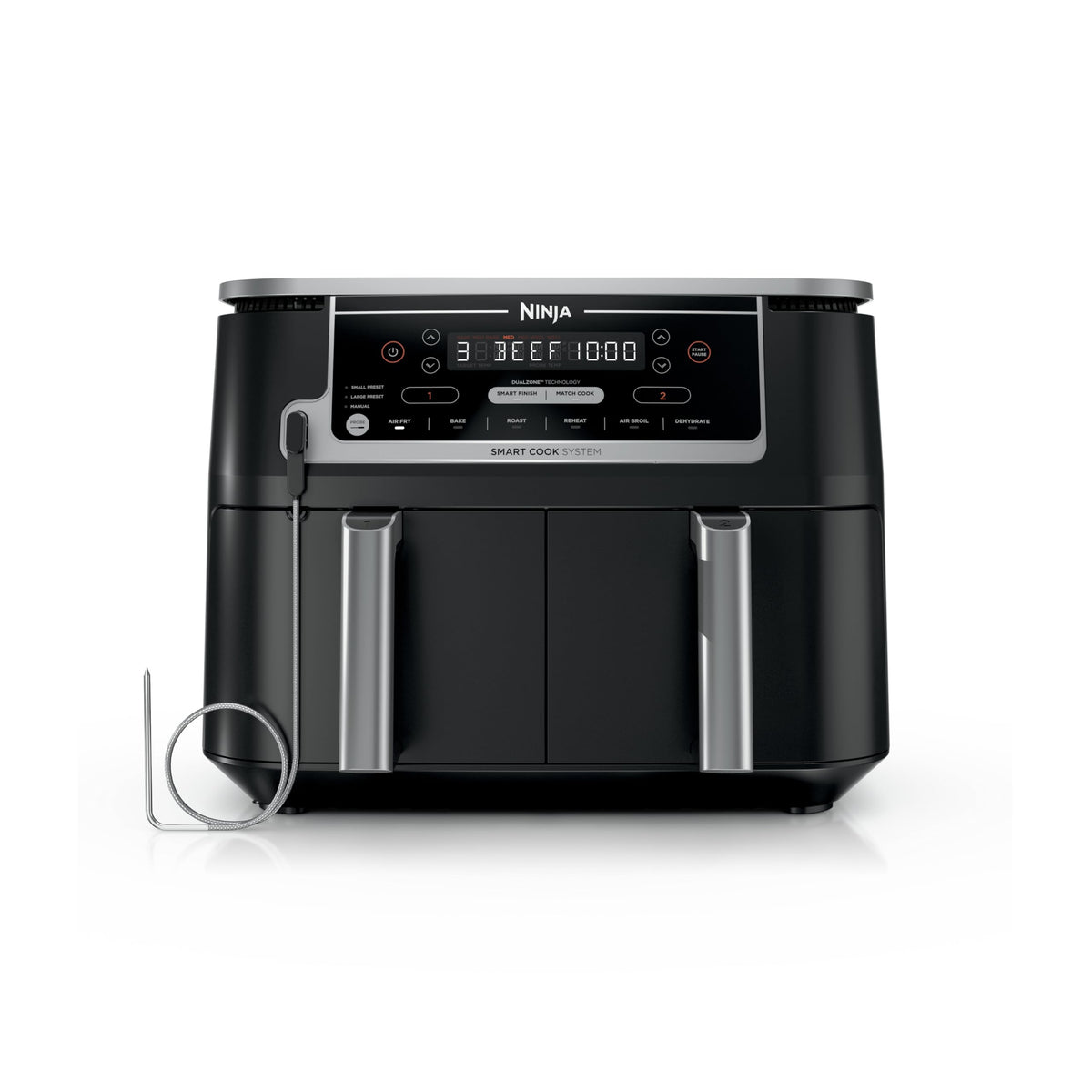 Ninja DZ201 Foodi 8 Quart 6-in-1 DualZone 2-Basket Air Fryer with 2 Independent Frying Baskets, Match Cook & Smart Finish to Roast, Broil, Dehydrate & More for Quick, Easy Meals, Grey | Air fry, roast, broil, bake, reheat, dehydrate, 2 independent baskets