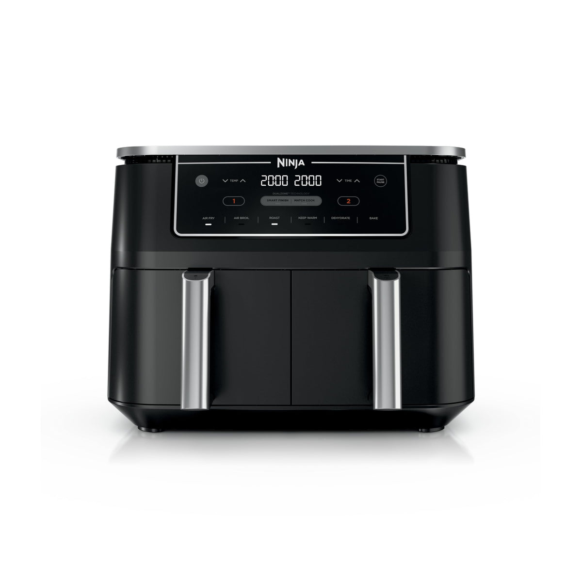 Ninja DZ201 Foodi 8 Quart 6-in-1 DualZone 2-Basket Air Fryer with 2 Independent Frying Baskets, Match Cook & Smart Finish to Roast, Broil, Dehydrate & More for Quick, Easy Meals, Grey | Air fry, roast, broil, bake, reheat, dehydrate, 2 independent baskets