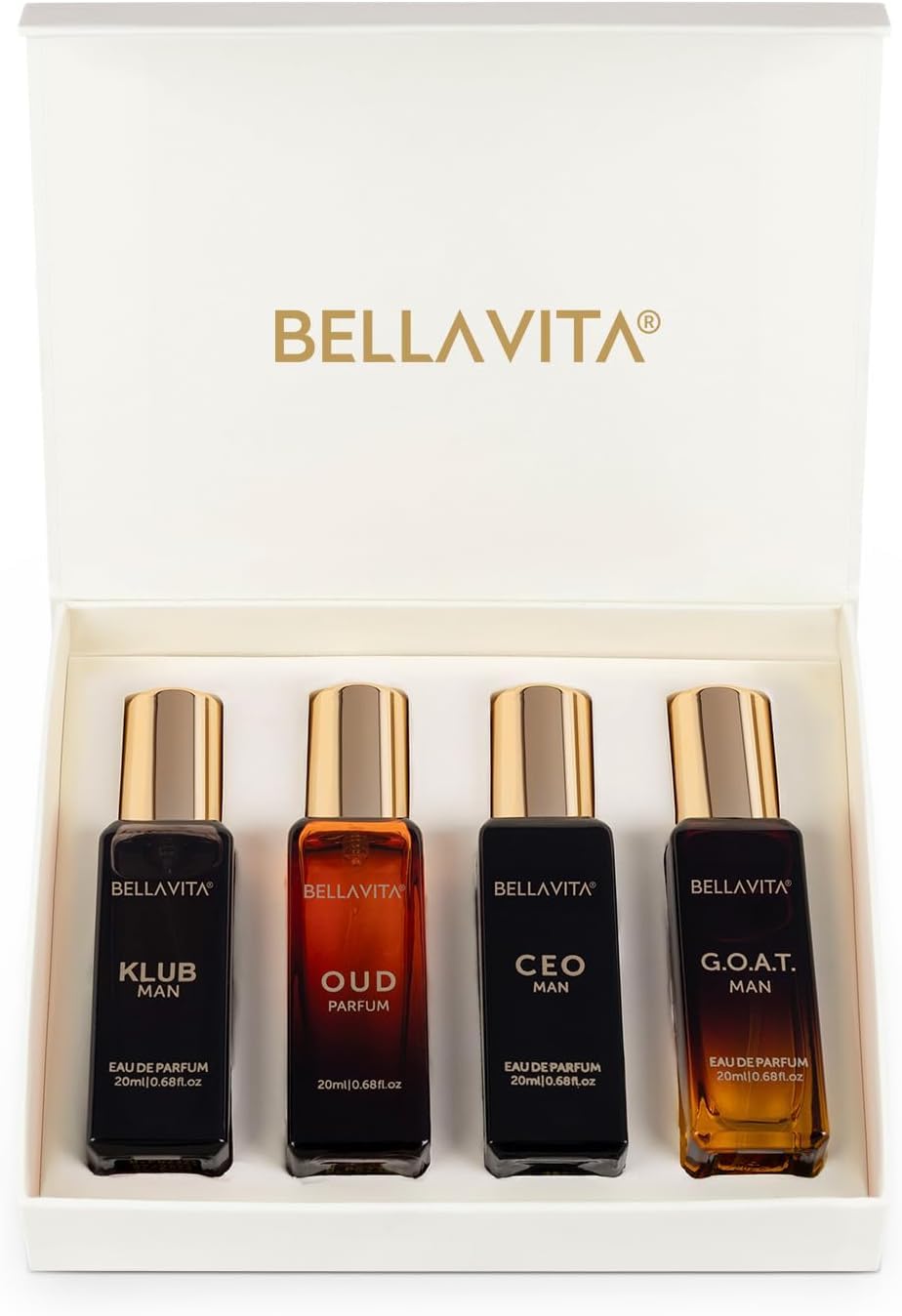 Bella Vita Luxury Set de Regalo de Perfume de Larga Duración para Hombre | 4x20ml | Regalos para Hombres | Fragancia Premium de Madera, Cítrico, Oud | KLUB, OUD, CEO, G.O.A.T | Set de regalo de perfume para hombre de larga duración con CEO Man, G.O.A.T.,