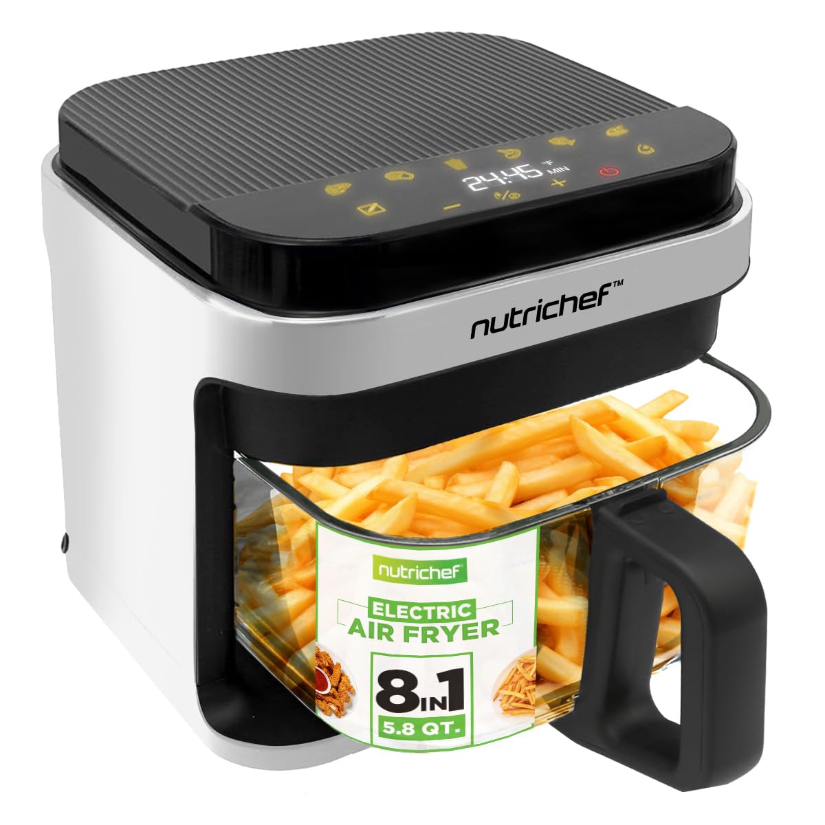 Nutrichef 5.8 Quart Air Fryer | 8-1 Preset Cook Modes | Transparent Fry Bowl for Best Cooking Results | Cook Shrimp, Steak, Fries, Wings, Chicken & More | Precise Temperature Control & Time | Grey