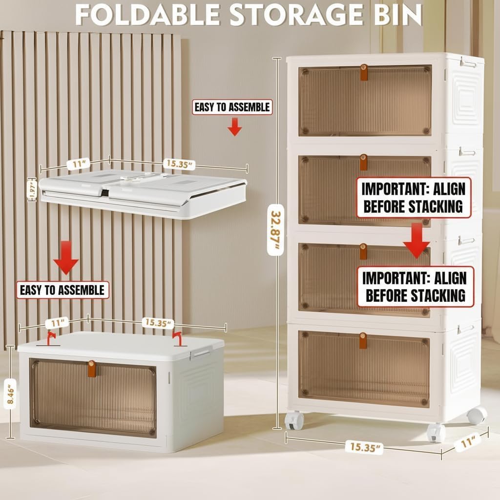 YFXCVSL Cajas de Almacenamiento de Plástico de 4 Niveles con Tapa 23QT, Contenedores de Almacenamiento Apilables con Ruedas, Cajas de Almacenamiento Plegables, Cajas de Almacenamiento Colapsables | Plastic Storage Bins with Wheels, Folding Storage Boxes,