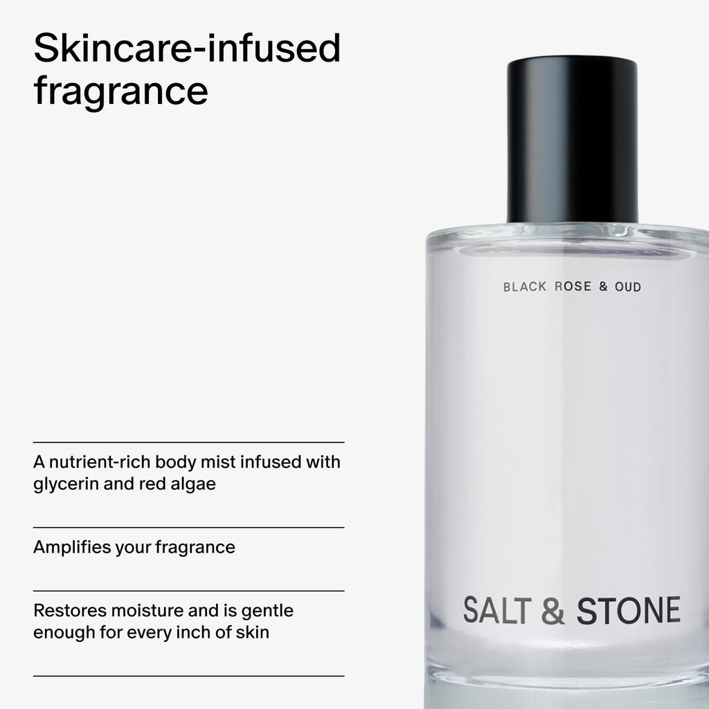 Salt & Stone Neblina Corporal, Aroma de Sándalo y Vetiver, Spray para Cabello y Cuerpo Infundido con Cuidado de la Piel para Mujeres y Hombres, Fragancia Hidratante con Glicerina y Algas Rojas, Vegano | Spray corporal perfumado cálido y amaderado, fraganc