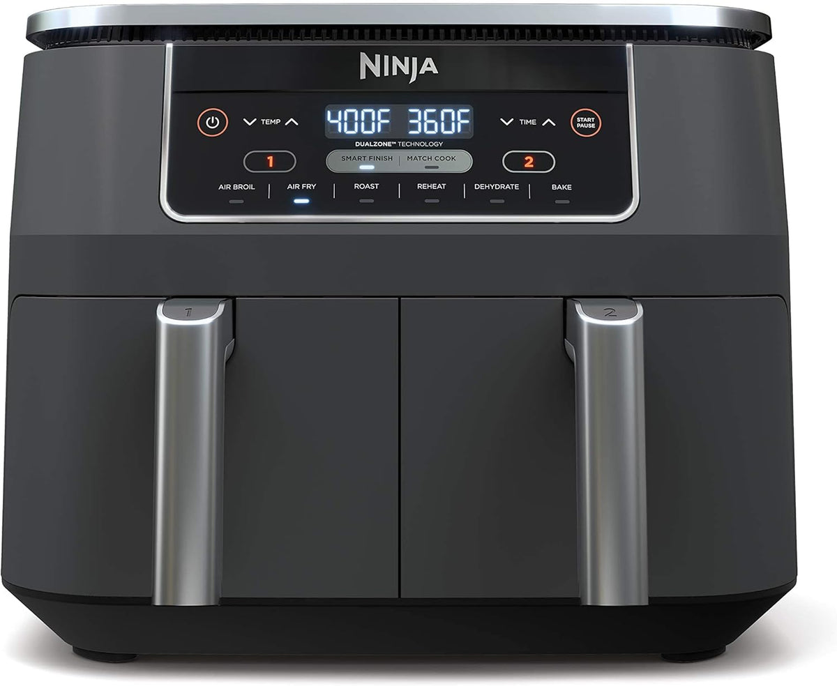 Ninja DZ201 Foodi 8 Quart 6-in-1 DualZone 2-Basket Air Fryer with 2 Independent Frying Baskets, Match Cook & Smart Finish to Roast, Broil, Dehydrate & More for Quick, Easy Meals, Grey | Air fry, roast, broil, bake, reheat, dehydrate, 2 independent baskets