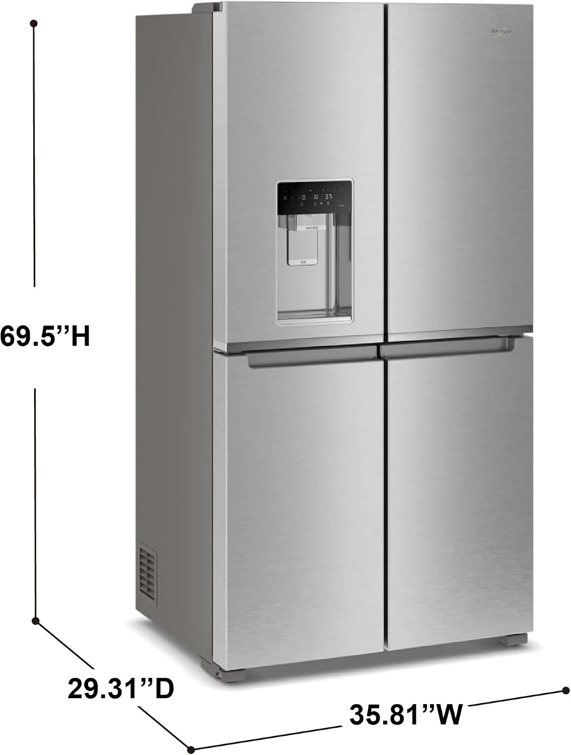 Whirlpool Refrigerador de 4 puertas francesas de 36 pulgadas de profundidad con capacidad de 19.1 pies cúbicos, estantes ajustables, cubos de puerta de galón, cajón de delicatessen