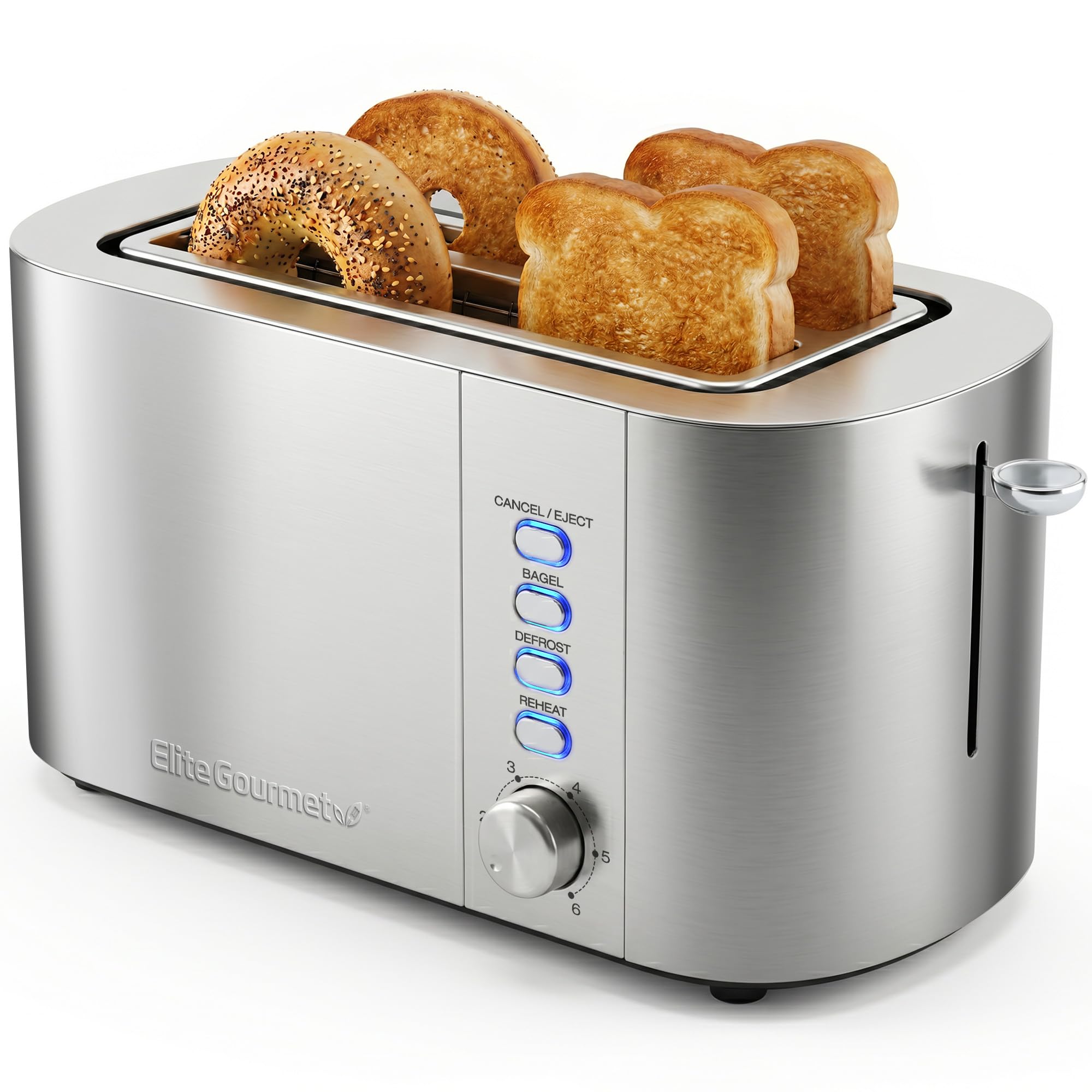Elite Gourmet | Extra-Wide Slots Fit Bagels, Sourdough & Texas Toast, 6 Browning Settings, Reheat, Defrost & Cancel, Built-In Warming Rack
