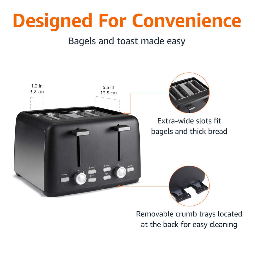Amazon Basics Tostadora de 2 rebanadas, con 6 ajustes de tostado, ranuras extra anchas para bagels y panes especiales, bandeja de migas extraíble fácil de limpiar, botones de cancelar/descongelar