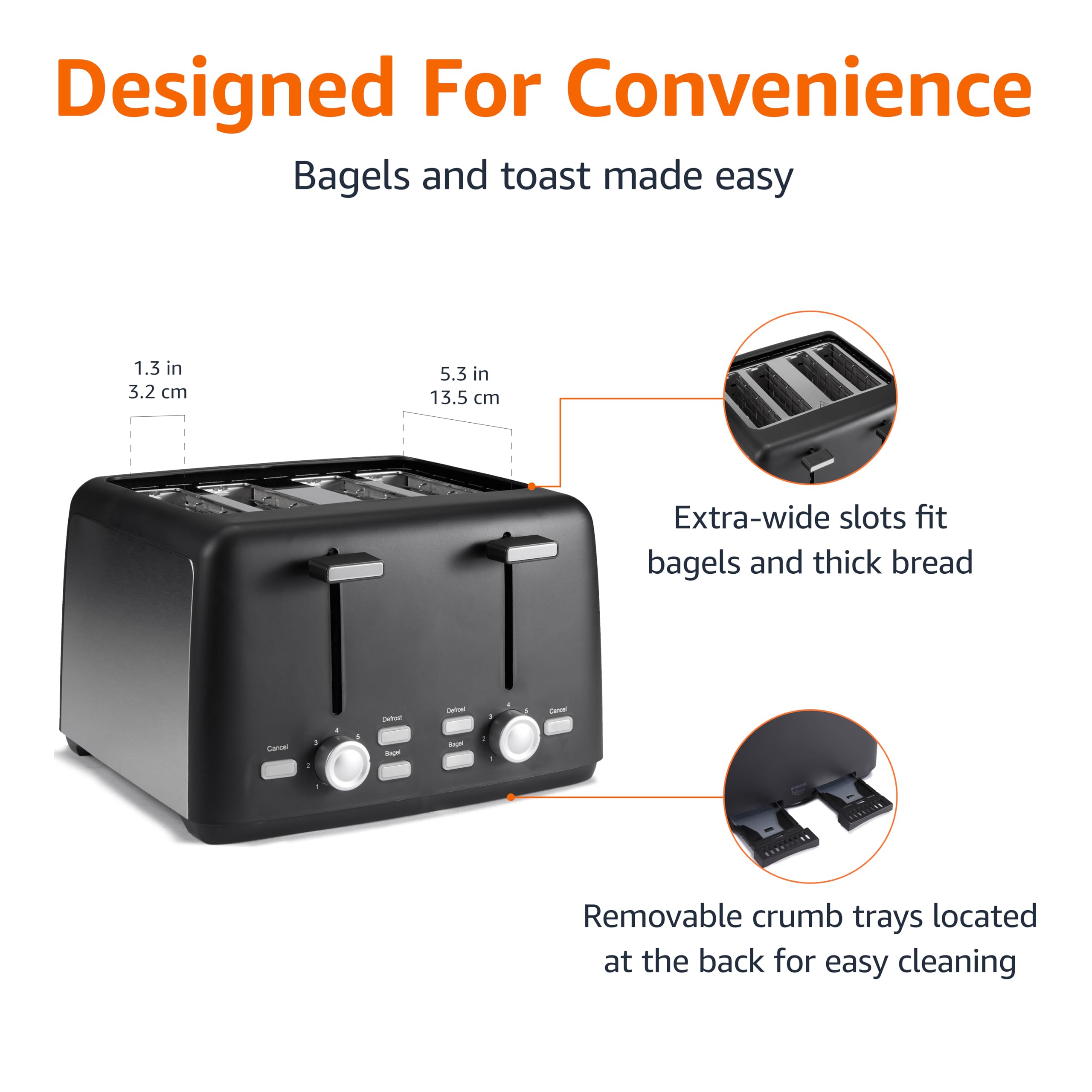 Amazon Basics Tostadora de 2 rebanadas, con 6 ajustes de tostado, ranuras extra anchas para bagels y panes especiales, bandeja de migas extraíble fácil de limpiar, botones de cancelar/descongelar