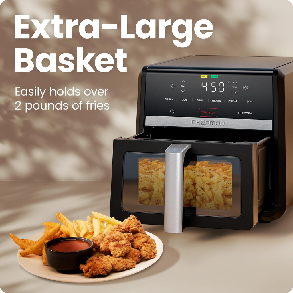 Chefman Air Fryer 8 Qt | TurboFry® 4-in-1 with 450°F Hi-Fry Option for Crispier Results | Bake, Dehydrate, Frozen | XL Nonstick Dishwasher-Safe Basket | Stainless Steel