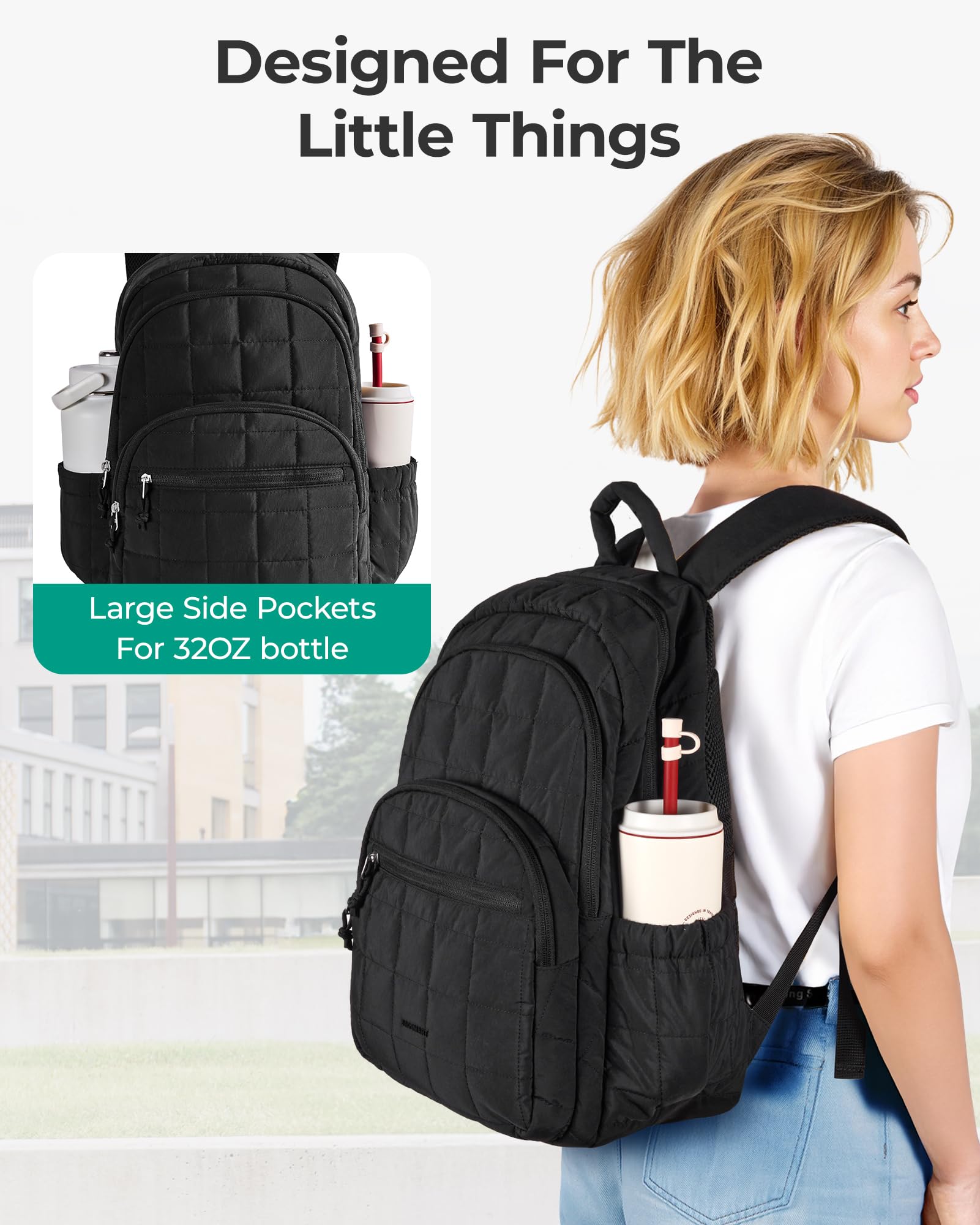 BAGSMART - Mochila de viaje para mujer, mochila universitaria para laptop de 15.6 pulgadas, color negro | Fits 15.6" Laptop, Personal Carry-on Size with Trolley Sleeve, Quilted Style for College Nurse Teacher, Water-Resistant