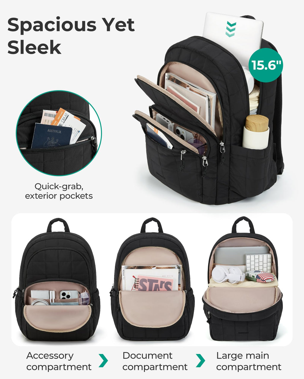 BAGSMART - Mochila de viaje para mujer, mochila universitaria para laptop de 15.6 pulgadas, color negro | Fits 15.6" Laptop, Personal Carry-on Size with Trolley Sleeve, Quilted Style for College Nurse Teacher, Water-Resistant