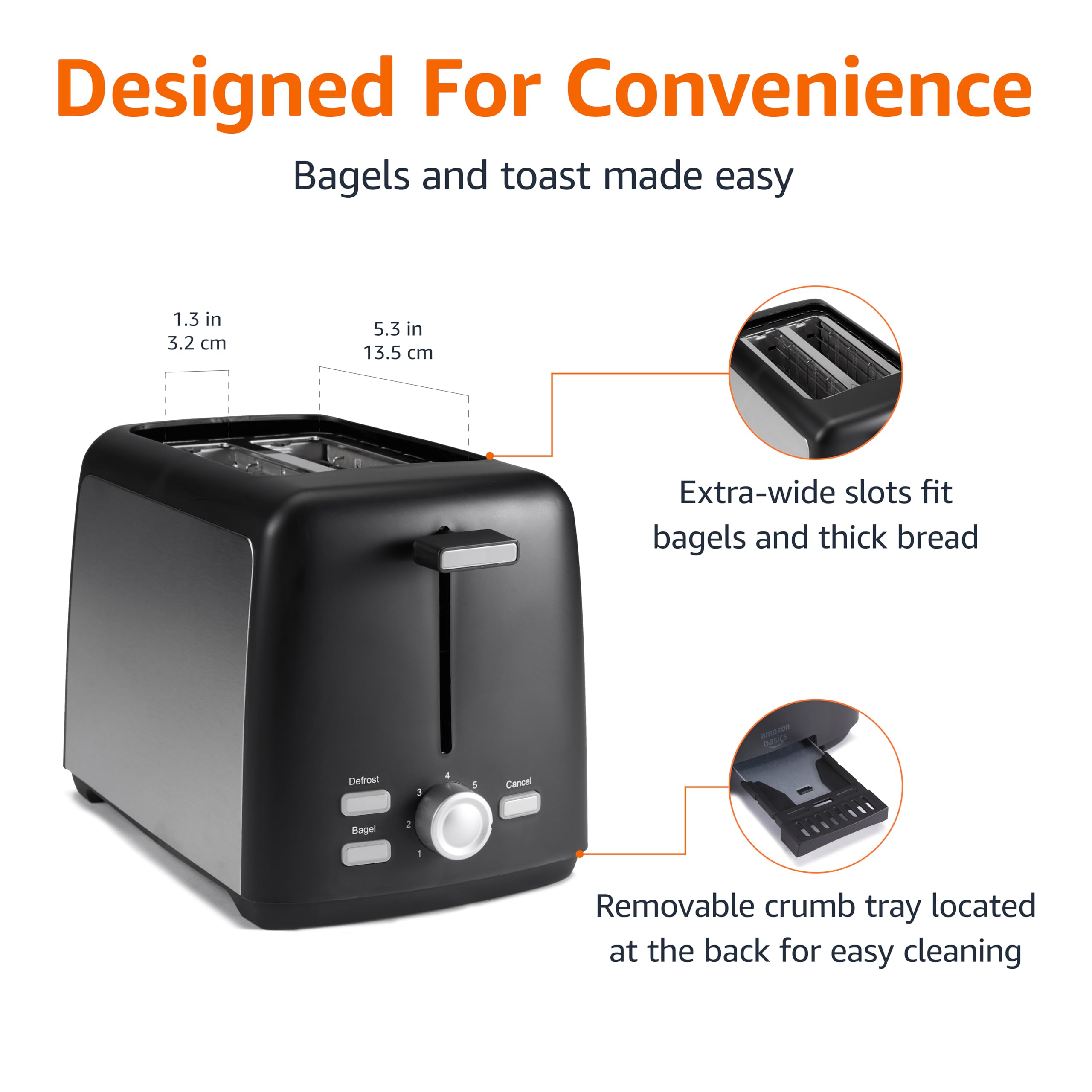 Amazon Basics Tostadora de 2 rebanadas, con 6 ajustes de tostado, ranuras extra anchas para bagels y panes especiales, bandeja de migas extraíble fácil de limpiar, botones de cancelar/descongelar