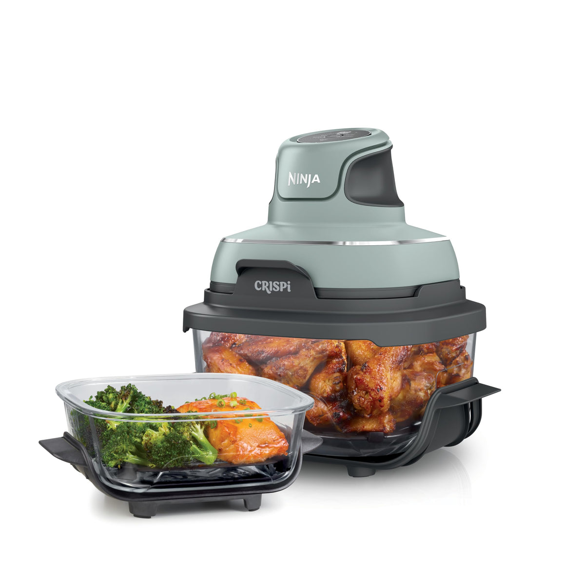 Ninja Crispi Glass Air Fryer, 4-in-1, Stone, FN101ST | Max crisp, bake, air fry, recrisp, 450F max, 4 Qt and 6 Cup containers, PFAS-free glass