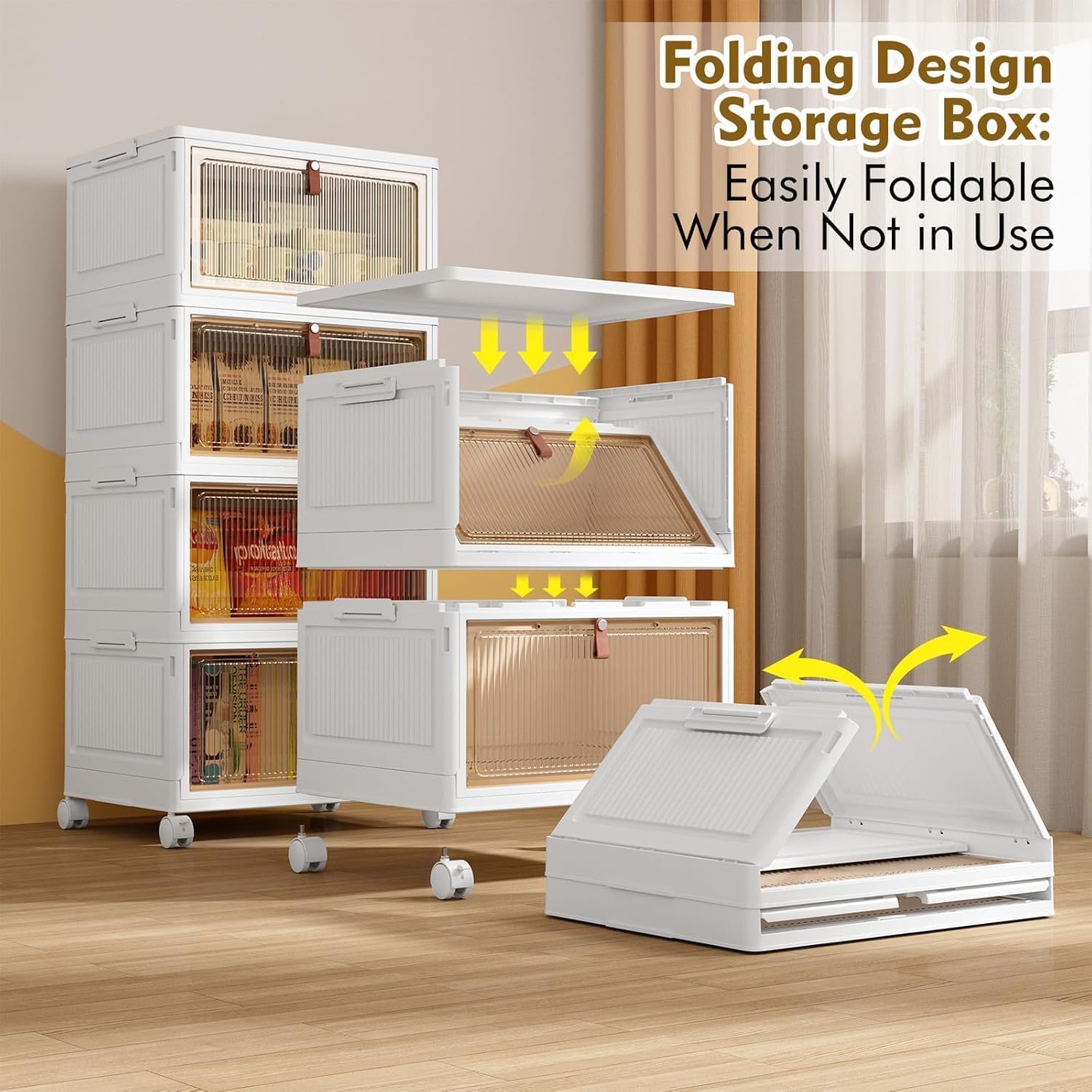 YFXCVSL Cajas de Almacenamiento de Plástico de 4 Niveles con Tapa 23QT, Contenedores de Almacenamiento Apilables con Ruedas, Cajas de Almacenamiento Plegables, Cajas de Almacenamiento Colapsables | Plastic Storage Bins with Wheels, Folding Storage Boxes,