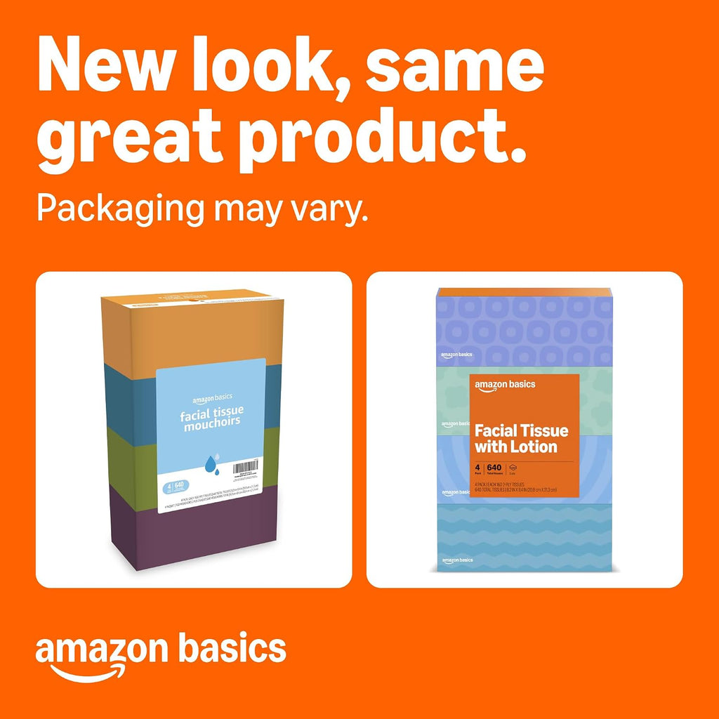Amazon Basics Pañuelos faciales, 2 capas, 160 pañuelos por caja, 4 cajas (640 en total) (anteriormente Solimo)