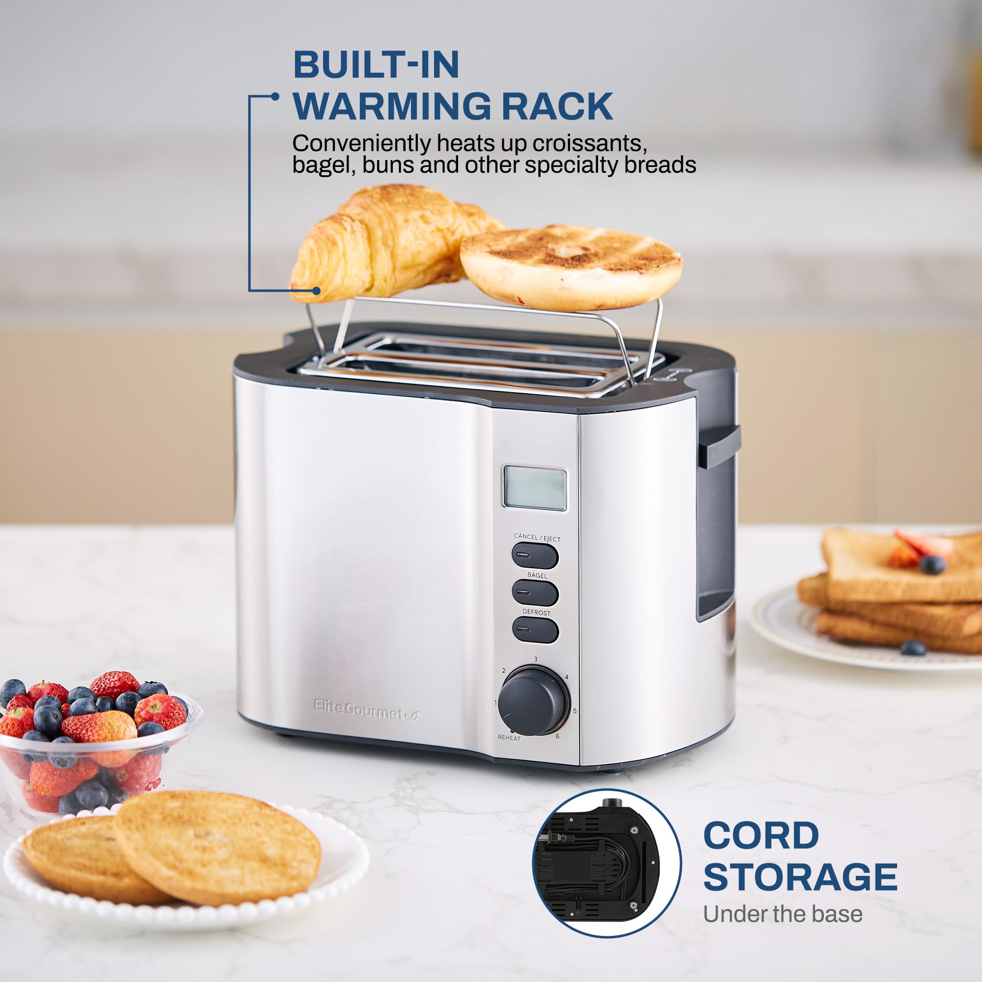 Elite Gourmet ECT1027B - Tostadora Cool Touch con 6 ajustes de temperatura y ranuras extra anchas de 1.25 pulgadas para bagels, gofres, panes especiales, hojaldre, aperitivos, certificado ETL, 2 | 6 niveles de dorado, se adapta a bagels y pan grueso, func