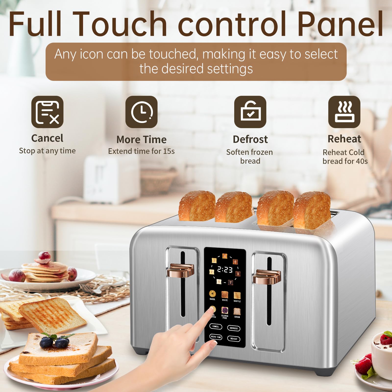 SEEDEEM Tostadora de 4 Rebanadas, Tostadora de Acero Inoxidable y Control Táctil, Pantalla LCD, 6 Tipos de Pan, 7 Configuraciones de Tostado, Ranuras de 1.5'' de Ancho, Cancelar/Descongelar/Recalentar | Toaster 4 Slice, 6 Bread Type, 7 Shade Settings, 1.5