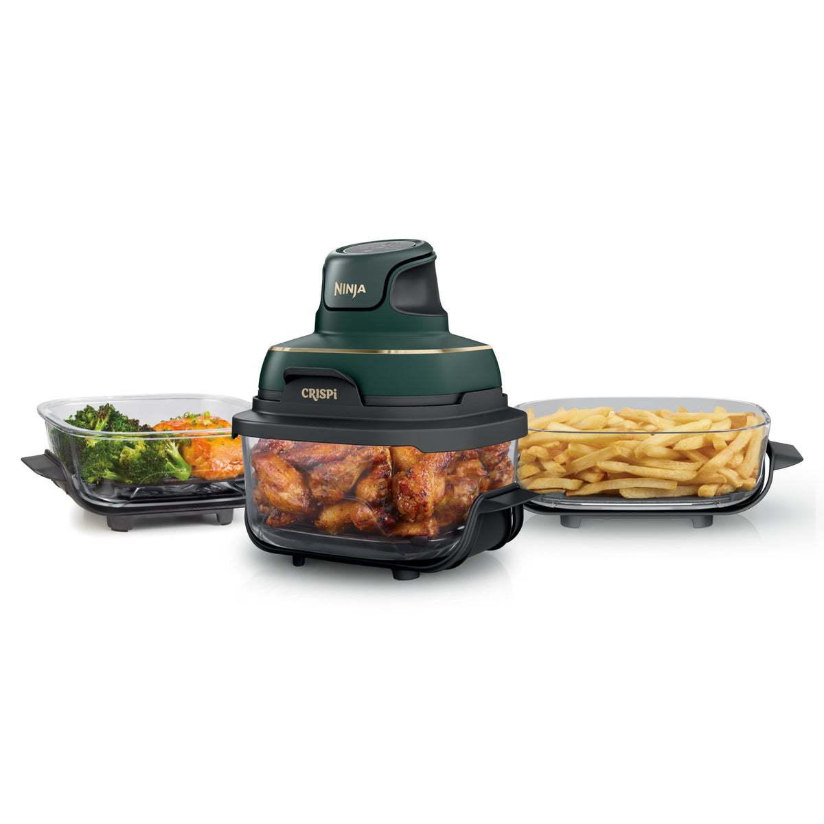 Ninja Crispi Glass Air Fryer, 4-in-1, Stone, FN101ST | Max crisp, bake, air fry, recrisp, 450F max, 4 Qt and 6 Cup containers, PFAS-free glass