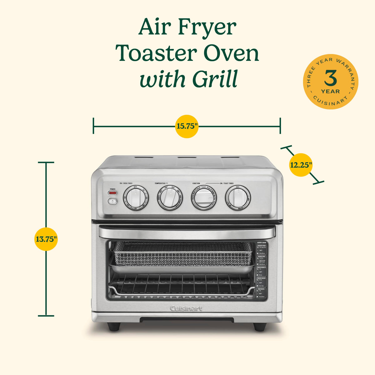 Cuisinart Air Fryer Toaster Oven, 1800W, 8-in-1 with Air Fry, Convection, Broil & Warm, 0.6 Cubic Feet, 60-Minute Timer, TOA-70NAS, Stainless Steel | 1800W power, 0.6 cu. ft. capacity, convection, broil and warm modes, 60-minute timer