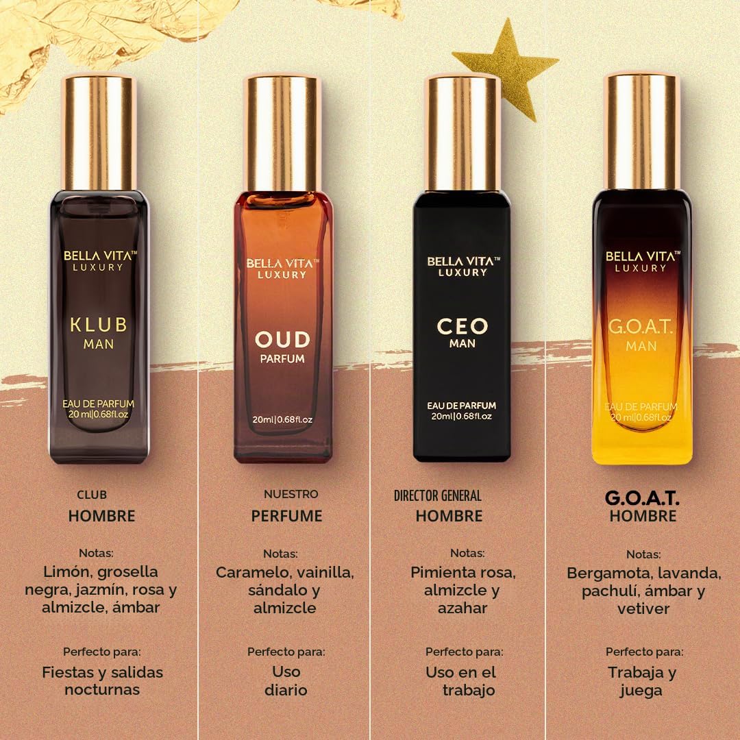 Bella Vita Luxury Set de Regalo de Perfume de Larga Duración para Hombre | 4x20ml | Regalos para Hombres | Fragancia Premium de Madera, Cítrico, Oud | KLUB, OUD, CEO, G.O.A.T | Set de regalo de perfume para hombre de larga duración con CEO Man, G.O.A.T.,