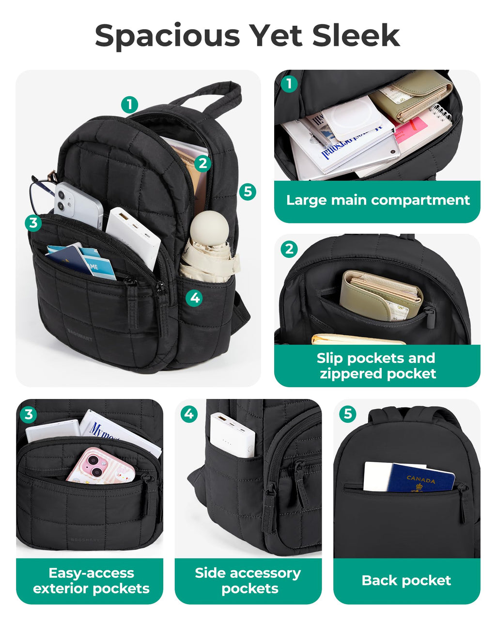 BAGSMART - Mochila de viaje para mujer, mochila universitaria para laptop de 15.6 pulgadas, color negro | Fits 15.6" Laptop, Personal Carry-on Size with Trolley Sleeve, Quilted Style for College Nurse Teacher, Water-Resistant