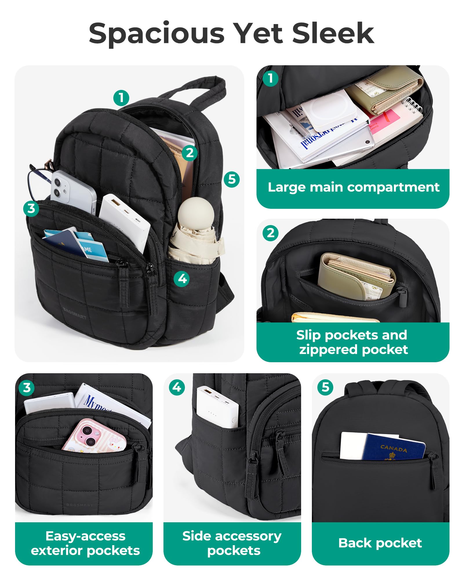 BAGSMART - Mochila de viaje para mujer, mochila universitaria para laptop de 15.6 pulgadas, color negro | Fits 15.6" Laptop, Personal Carry-on Size with Trolley Sleeve, Quilted Style for College Nurse Teacher, Water-Resistant