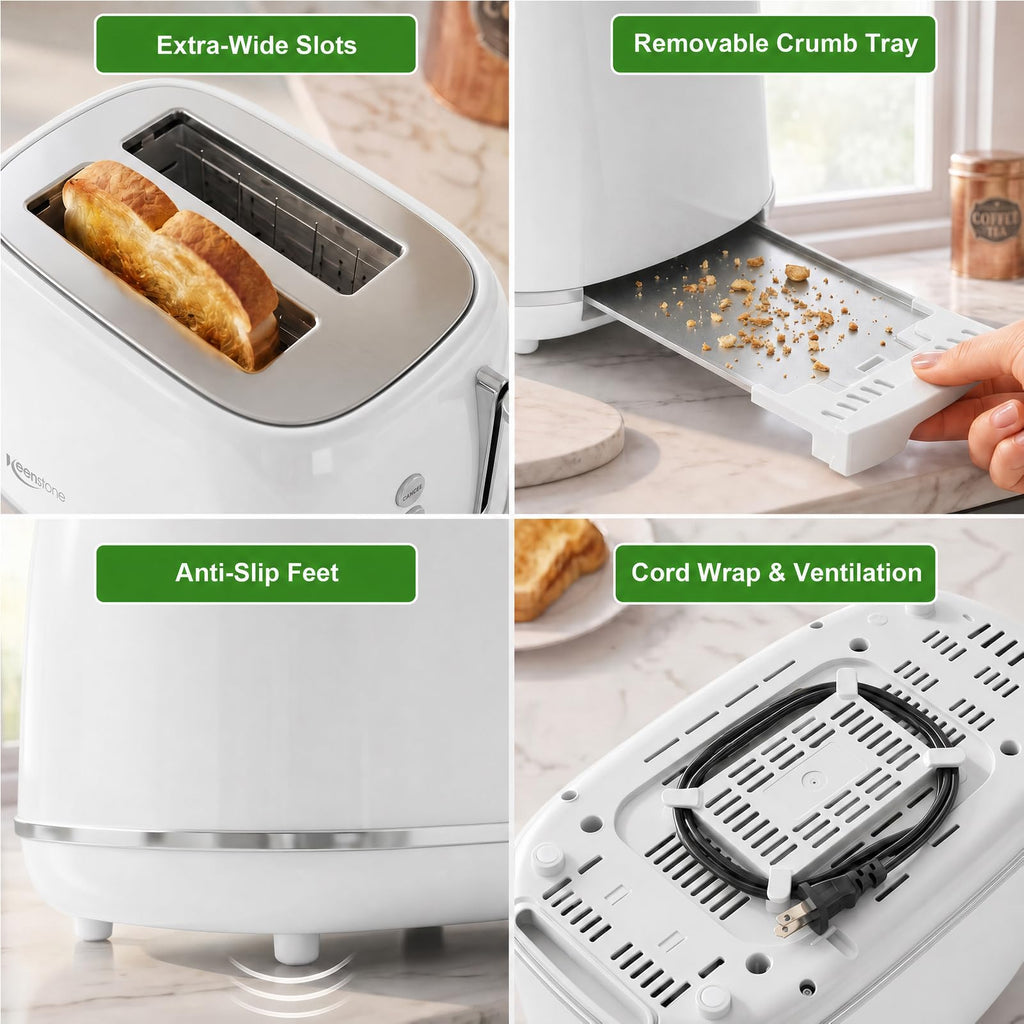 Tostadora de 2 rebanadas Keenstone de acero inoxidable con 6 ajustes de tostado, función de bagel, cancelar, descongelar, tostadora retro de 2 rebanadas con ranura extra ancha, bandeja de migas