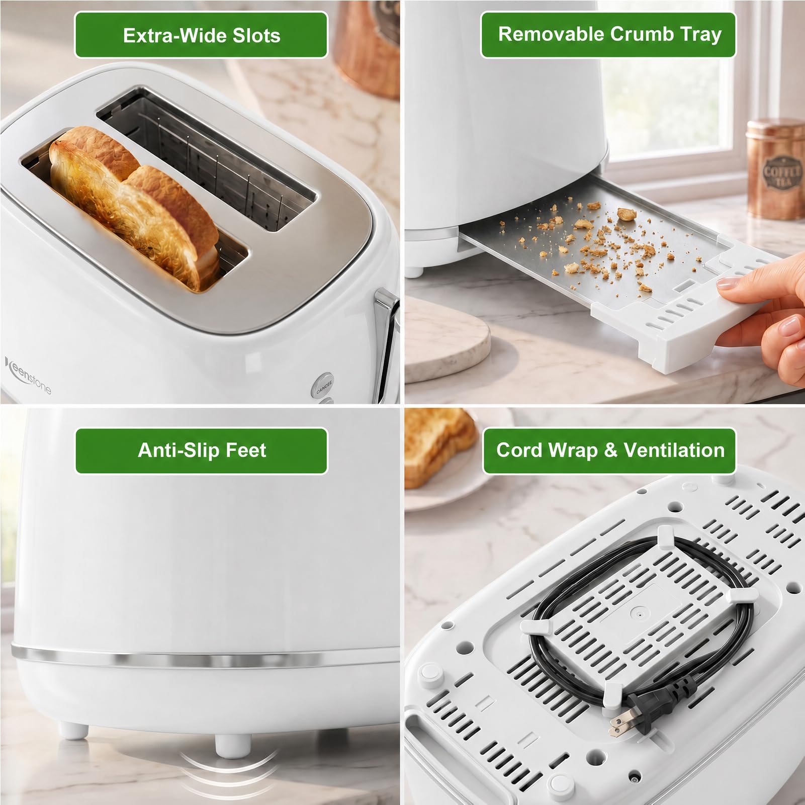 Tostadora de 2 rebanadas Keenstone de acero inoxidable con 6 ajustes de tostado, función de bagel, cancelar, descongelar, tostadora retro de 2 rebanadas con ranura extra ancha, bandeja de migas