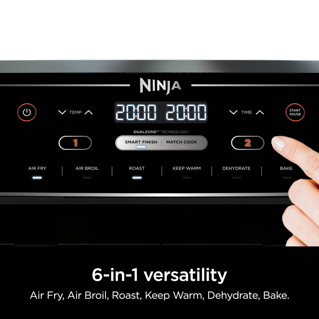 Ninja DZ201 Foodi 8 Quart 6-in-1 DualZone 2-Basket Air Fryer with 2 Independent Frying Baskets, Match Cook & Smart Finish to Roast, Broil, Dehydrate & More for Quick, Easy Meals, Grey | Air fry, roast, broil, bake, reheat, dehydrate, 2 independent baskets