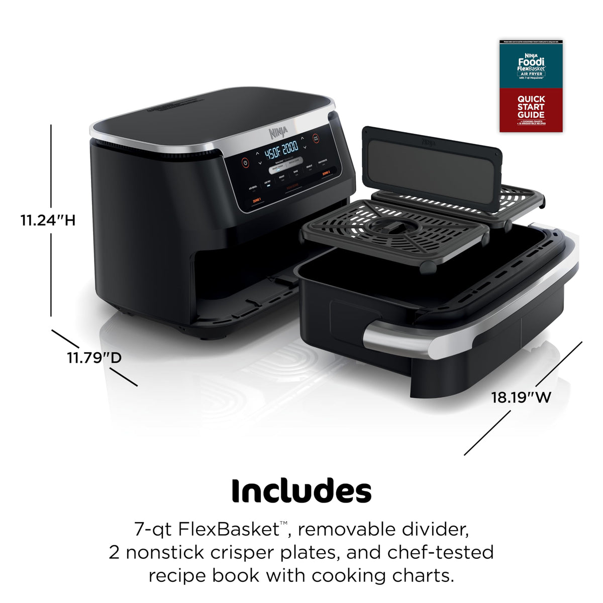 Ninja DZ201 Foodi 8 Quart 6-in-1 DualZone 2-Basket Air Fryer with 2 Independent Frying Baskets, Match Cook & Smart Finish to Roast, Broil, Dehydrate & More for Quick, Easy Meals, Grey | Air fry, roast, broil, bake, reheat, dehydrate, 2 independent baskets
