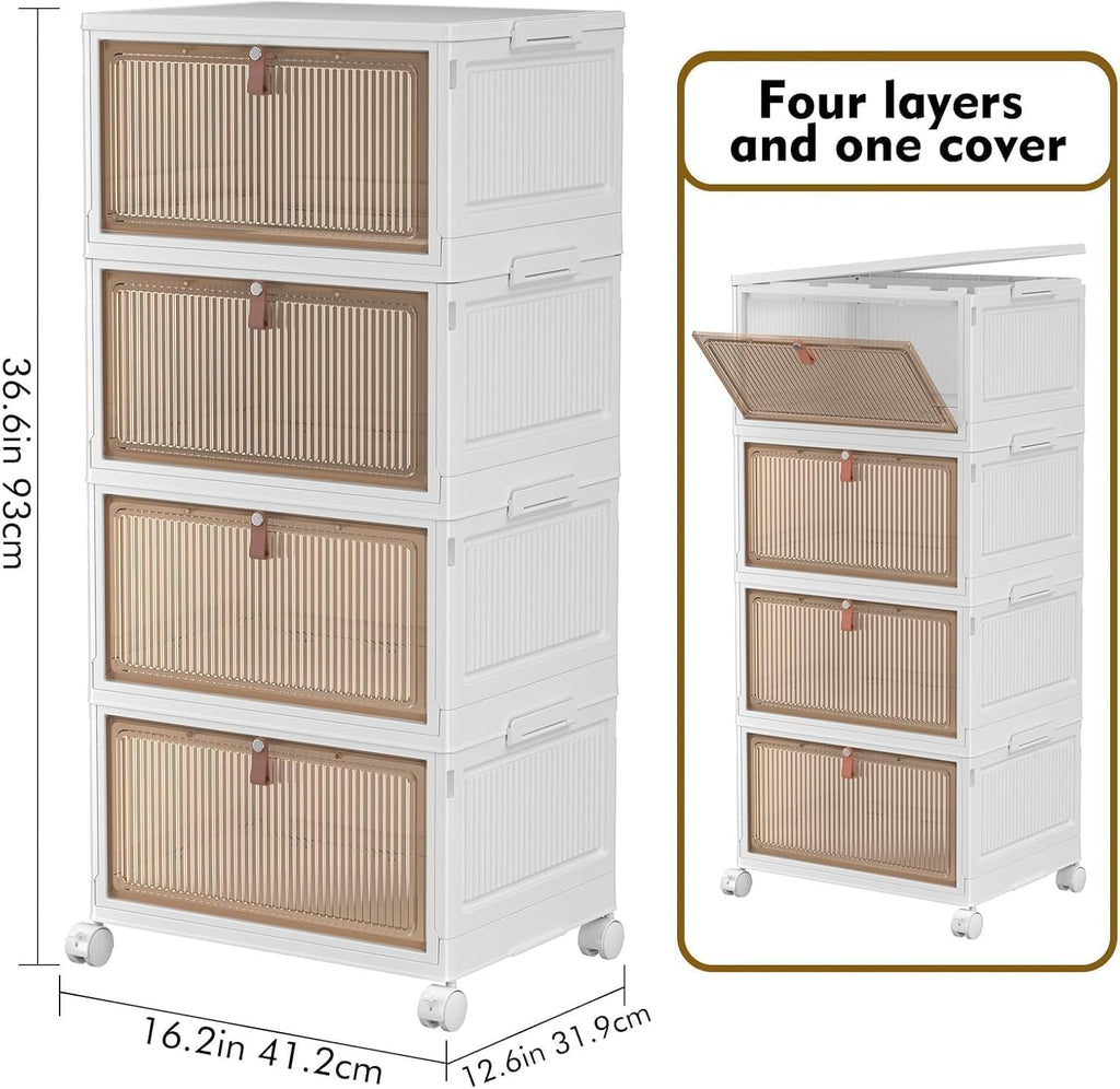 YFXCVSL Cajas de Almacenamiento de Plástico de 4 Niveles con Tapa 23QT, Contenedores de Almacenamiento Apilables con Ruedas, Cajas de Almacenamiento Plegables, Cajas de Almacenamiento Colapsables | Plastic Storage Bins with Wheels, Folding Storage Boxes,