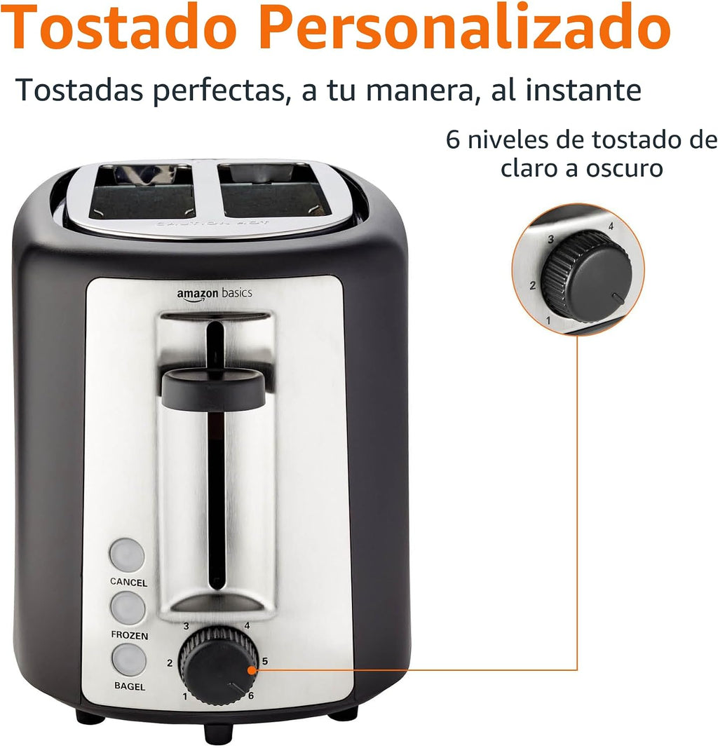 Amazon Basics Tostadora de 2 rebanadas, con 6 ajustes de tostado, ranuras extra anchas para bagels y panes especiales, bandeja de migas extraíble fácil de limpiar, botones de cancelar/descongelar