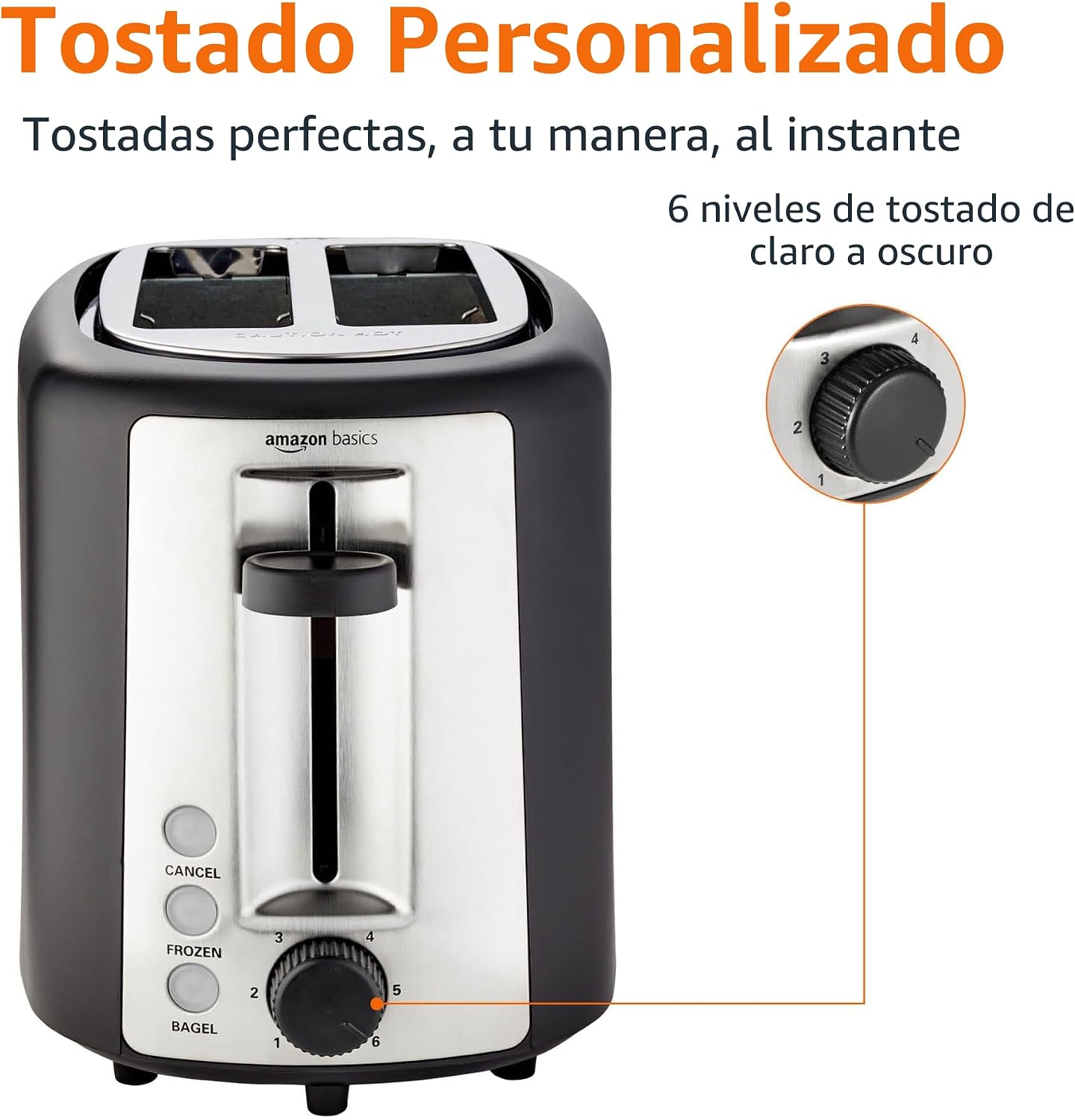 Amazon Basics Tostadora de 2 rebanadas, con 6 ajustes de tostado, ranuras extra anchas para bagels y panes especiales, bandeja de migas extraíble fácil de limpiar, botones de cancelar/descongelar