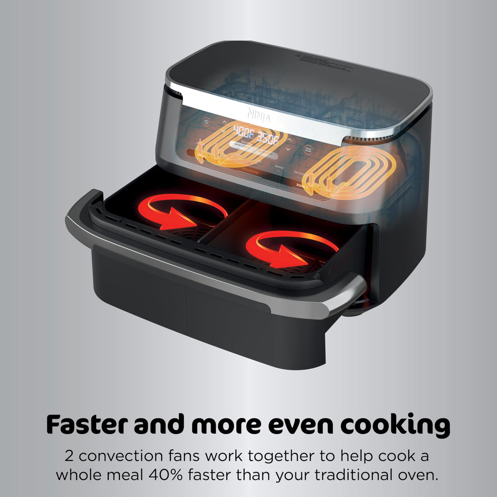Ninja DZ201 Foodi 8 Quart 6-in-1 DualZone 2-Basket Air Fryer with 2 Independent Frying Baskets, Match Cook & Smart Finish to Roast, Broil, Dehydrate & More for Quick, Easy Meals, Grey | Air fry, roast, broil, bake, reheat, dehydrate, 2 independent baskets