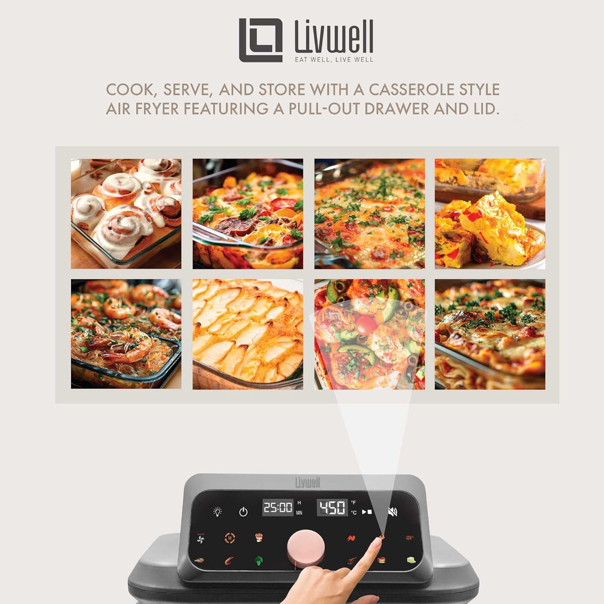LIVWELL Smart Touch 6-Quart Glass Air Fryer with LED Touch Screen & Drawer | Pull-Out Drawer, 12 Presets, Dishwasher-Safe Casserole, Silicone Handles & Trivet Included, Easy Cleaning, PFOA & PFAS-Free