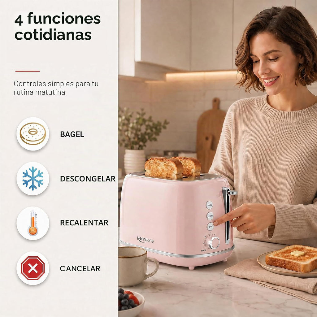 Tostadora de 2 rebanadas Keenstone de acero inoxidable con 6 ajustes de tostado, función de bagel, cancelar, descongelar, tostadora retro de 2 rebanadas con ranura extra ancha, bandeja de migas