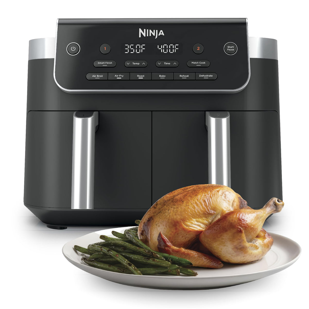 Ninja DZ201 Foodi 8 Quart 6-in-1 DualZone 2-Basket Air Fryer with 2 Independent Frying Baskets, Match Cook & Smart Finish to Roast, Broil, Dehydrate & More for Quick, Easy Meals, Grey | Air fry, roast, broil, bake, reheat, dehydrate, 2 independent baskets