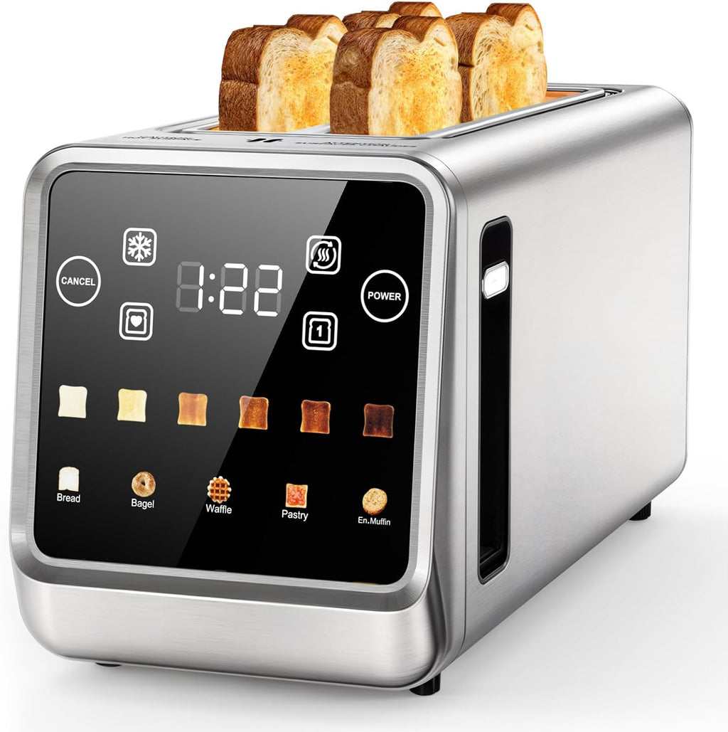 Long Slot Toaster 4 Slice with Touchscreen, 2-Slot Extra Wide 1.5 Inch | Stainless Steel, 1400W, 2-Slot Smart Appliance, Single Mode, BreadID Tech, Digital Timer, For Bagel Waffle