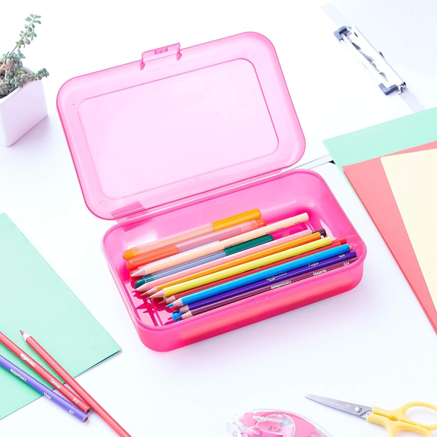 Amazon Basics Paquete de 4 Estuches Grandes para Lápices – Caja de lápices de plástico duradero para útiles escolares – Estuches de organización estudiantil multicolor para suministros de oficina