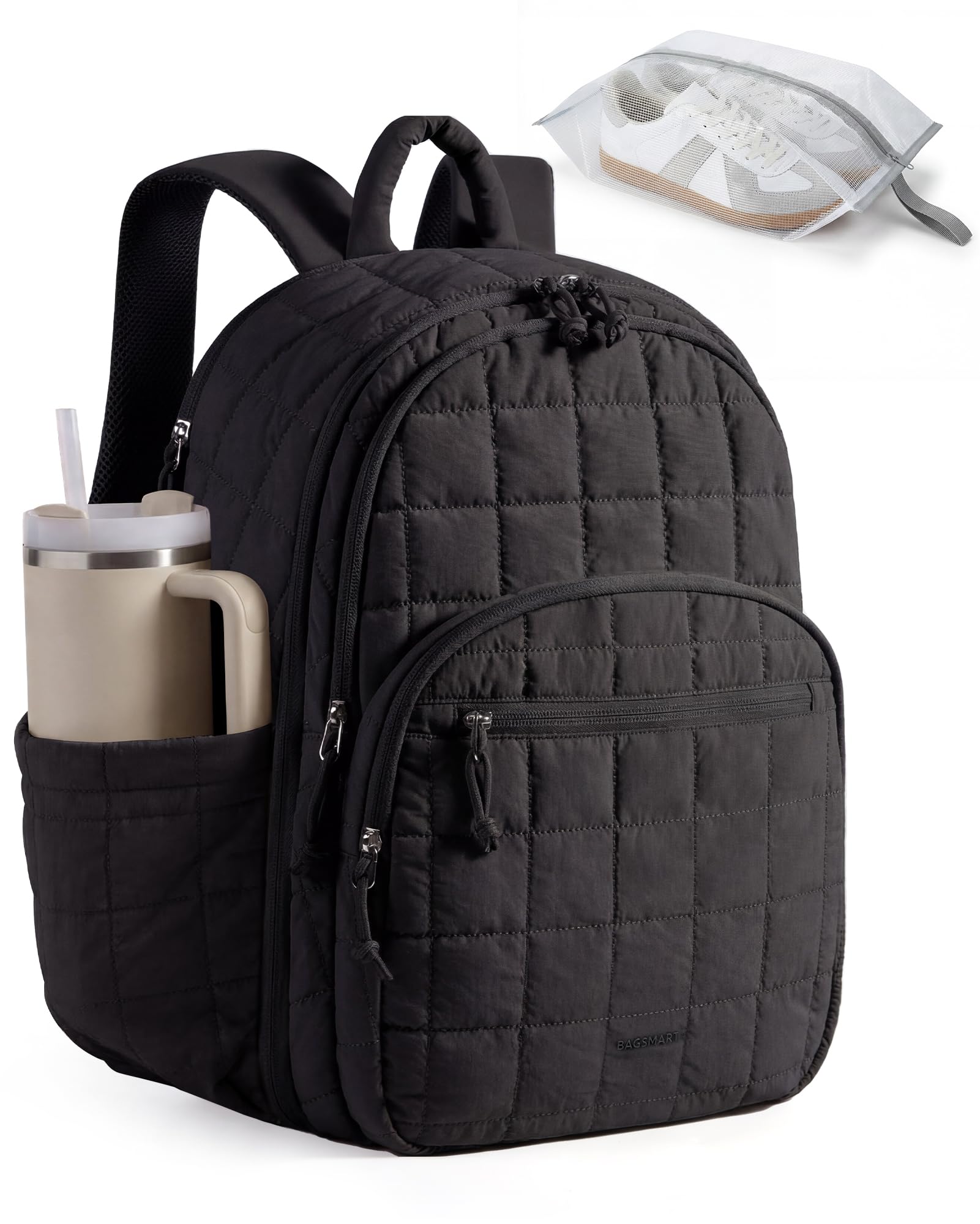 BAGSMART - Mochila de viaje para mujer, mochila universitaria para laptop de 15.6 pulgadas, color negro | Fits 15.6" Laptop, Personal Carry-on Size with Trolley Sleeve, Quilted Style for College Nurse Teacher, Water-Resistant