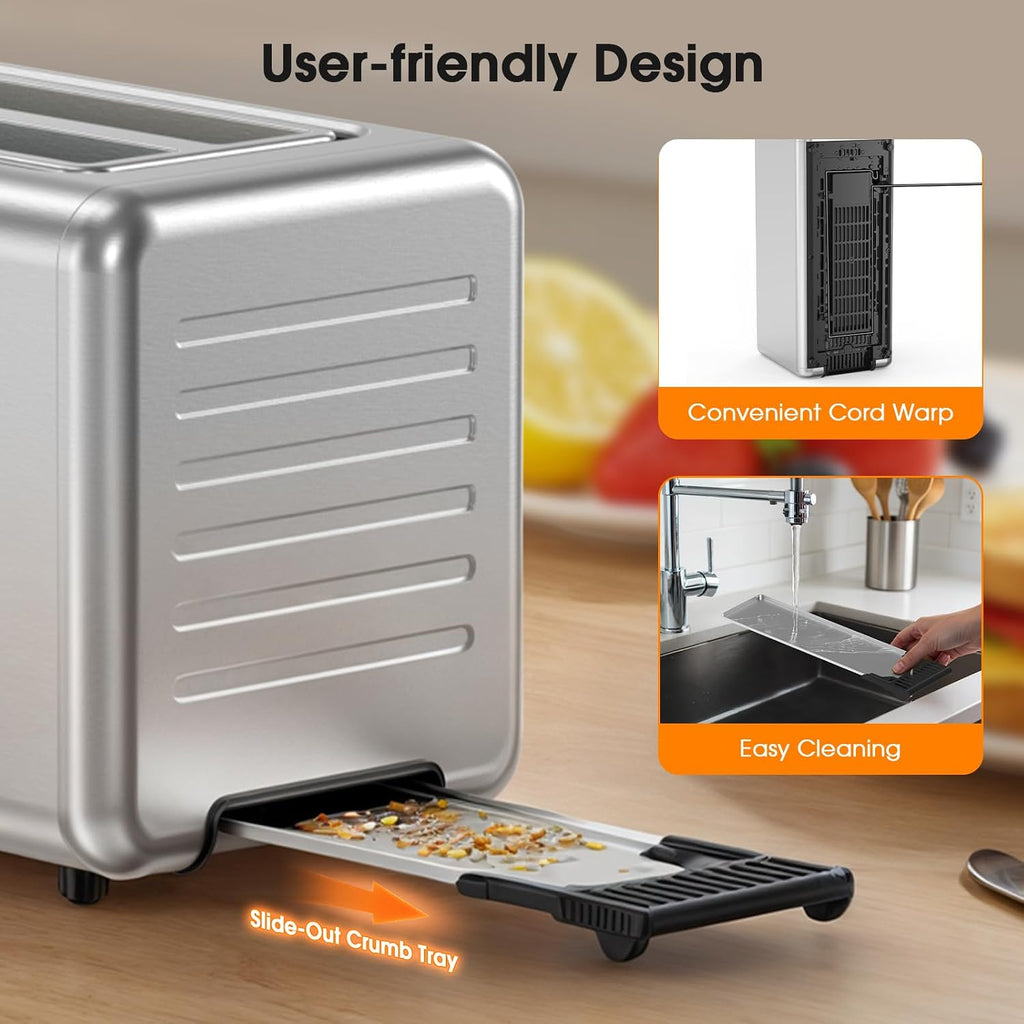 Long Slot Toaster 4 Slice with Touchscreen, 2-Slot Extra Wide 1.5 Inch | Stainless Steel, 1400W, 2-Slot Smart Appliance, Single Mode, BreadID Tech, Digital Timer, For Bagel Waffle