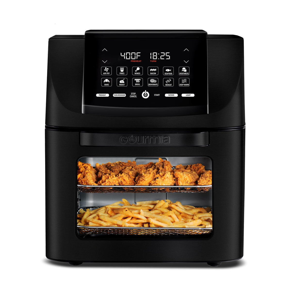 Gourmia Air Fryer - 14 Qt All-in-One Rotisserie Oven with Digital Display, 12 Presets, Roast, Bake, Broil, Dehydrate, Dishwasher Safe Accessories, Stainless Steel
