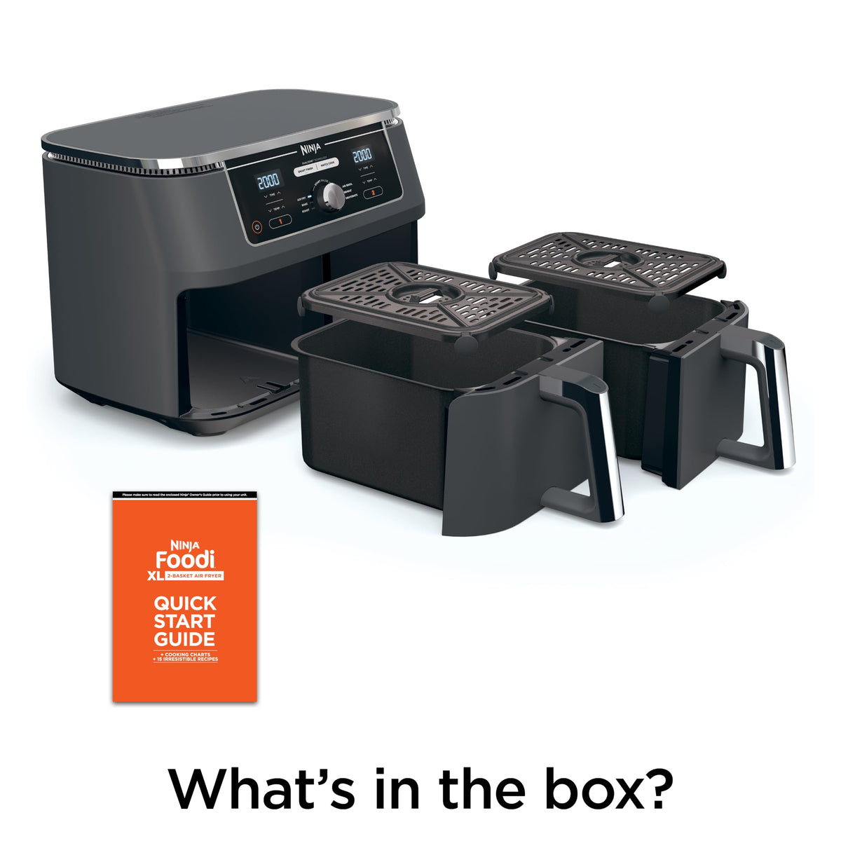 Ninja DZ201 Foodi 8 Quart 6-in-1 DualZone 2-Basket Air Fryer with 2 Independent Frying Baskets, Match Cook & Smart Finish to Roast, Broil, Dehydrate & More for Quick, Easy Meals, Grey | Air fry, roast, broil, bake, reheat, dehydrate, 2 independent baskets