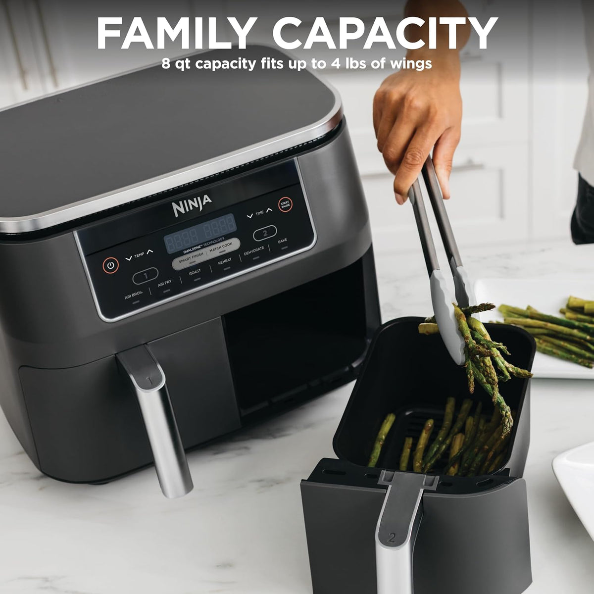 Ninja DZ201 Foodi 8 Quart 6-in-1 DualZone 2-Basket Air Fryer with 2 Independent Frying Baskets, Match Cook & Smart Finish to Roast, Broil, Dehydrate & More for Quick, Easy Meals, Grey | Air fry, roast, broil, bake, reheat, dehydrate, 2 independent baskets