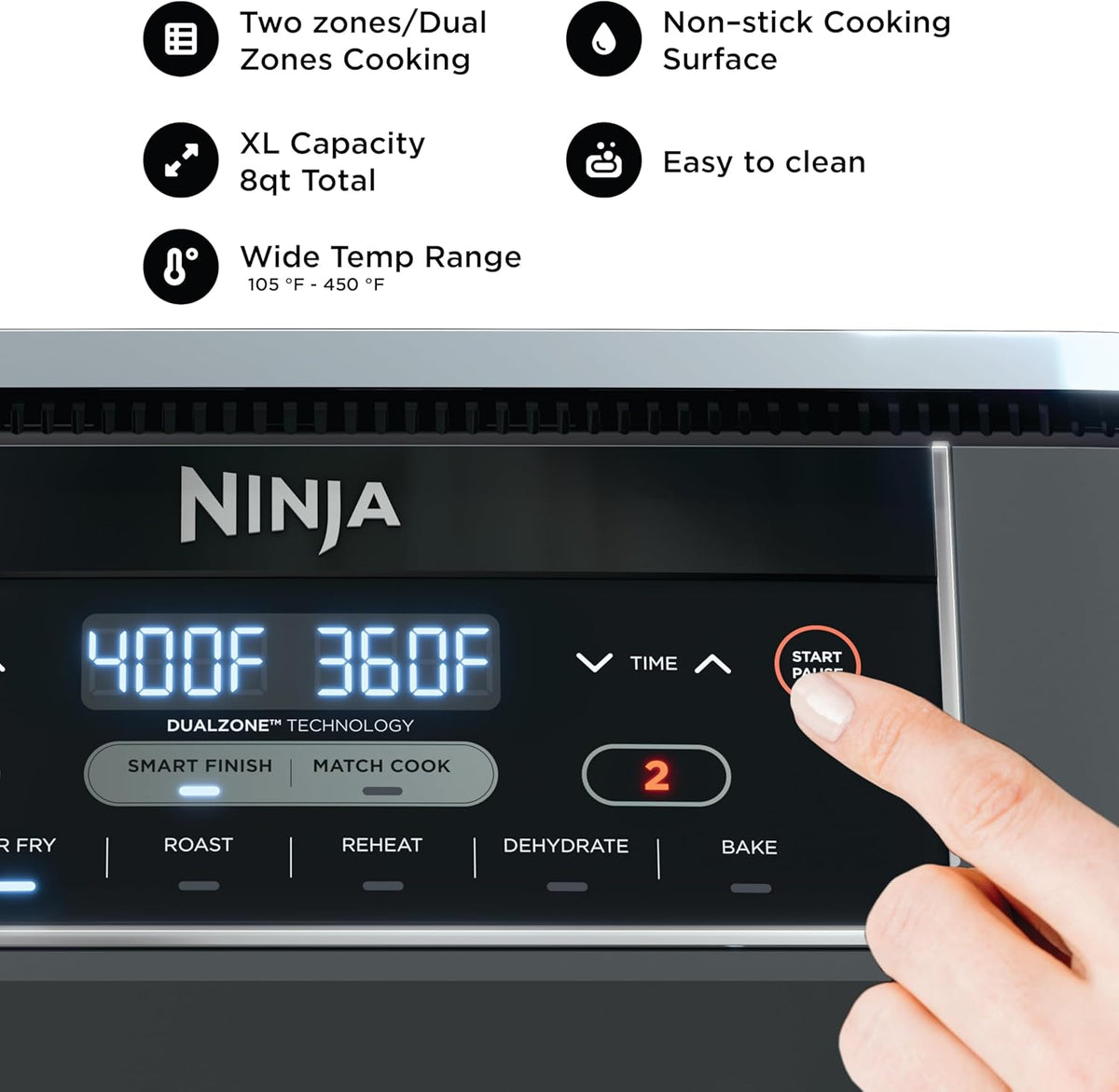 Ninja DZ201 Foodi 8 Quart 6-in-1 DualZone 2-Basket Air Fryer with 2 Independent Frying Baskets, Match Cook & Smart Finish to Roast, Broil, Dehydrate & More for Quick, Easy Meals, Grey | Air fry, roast, broil, bake, reheat, dehydrate, 2 independent baskets