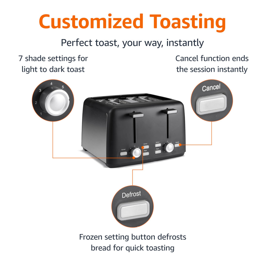 Amazon Basics Tostadora de 2 rebanadas, con 6 ajustes de tostado, ranuras extra anchas para bagels y panes especiales, bandeja de migas extraíble fácil de limpiar, botones de cancelar/descongelar