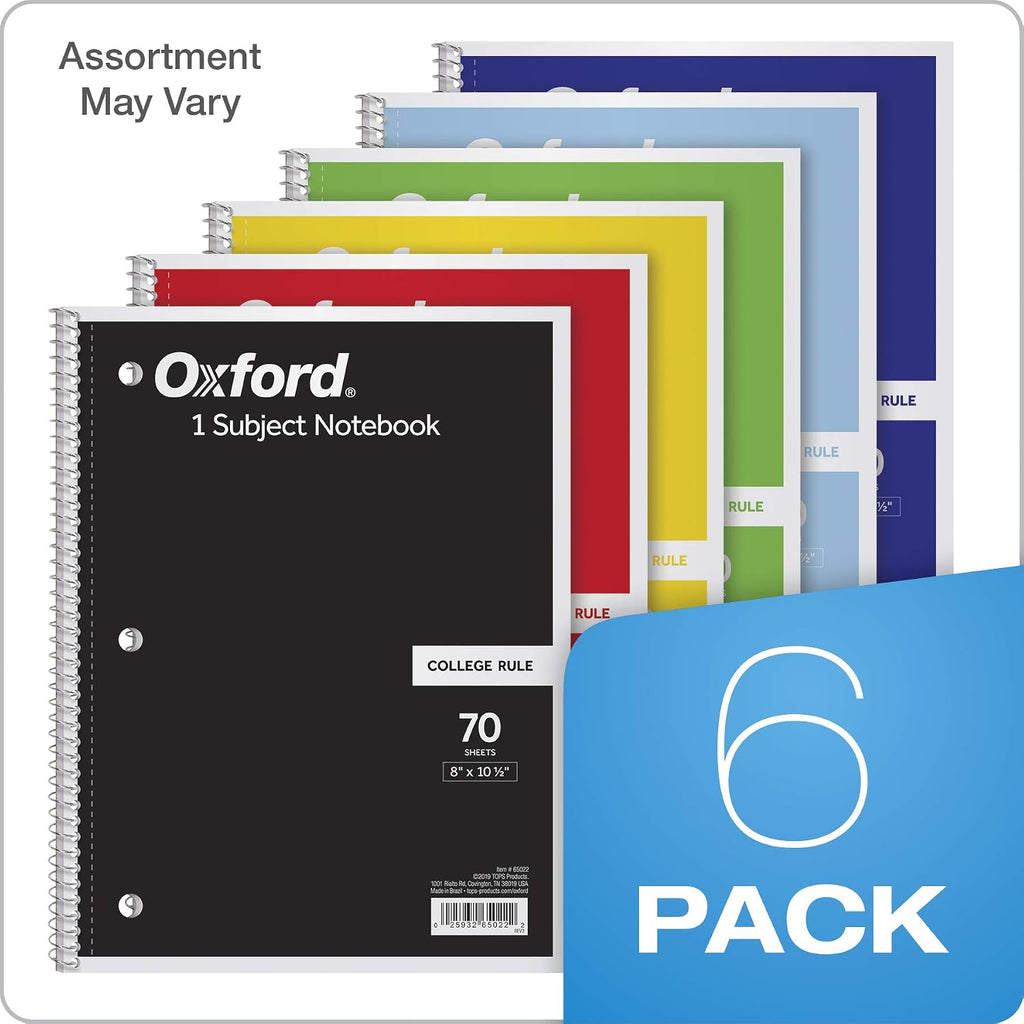 TOPS Cuaderno con espiral, College Rule, 10.5 x 8 pulgadas, 70 hojas por cuaderno, paquete de 6 (65007)